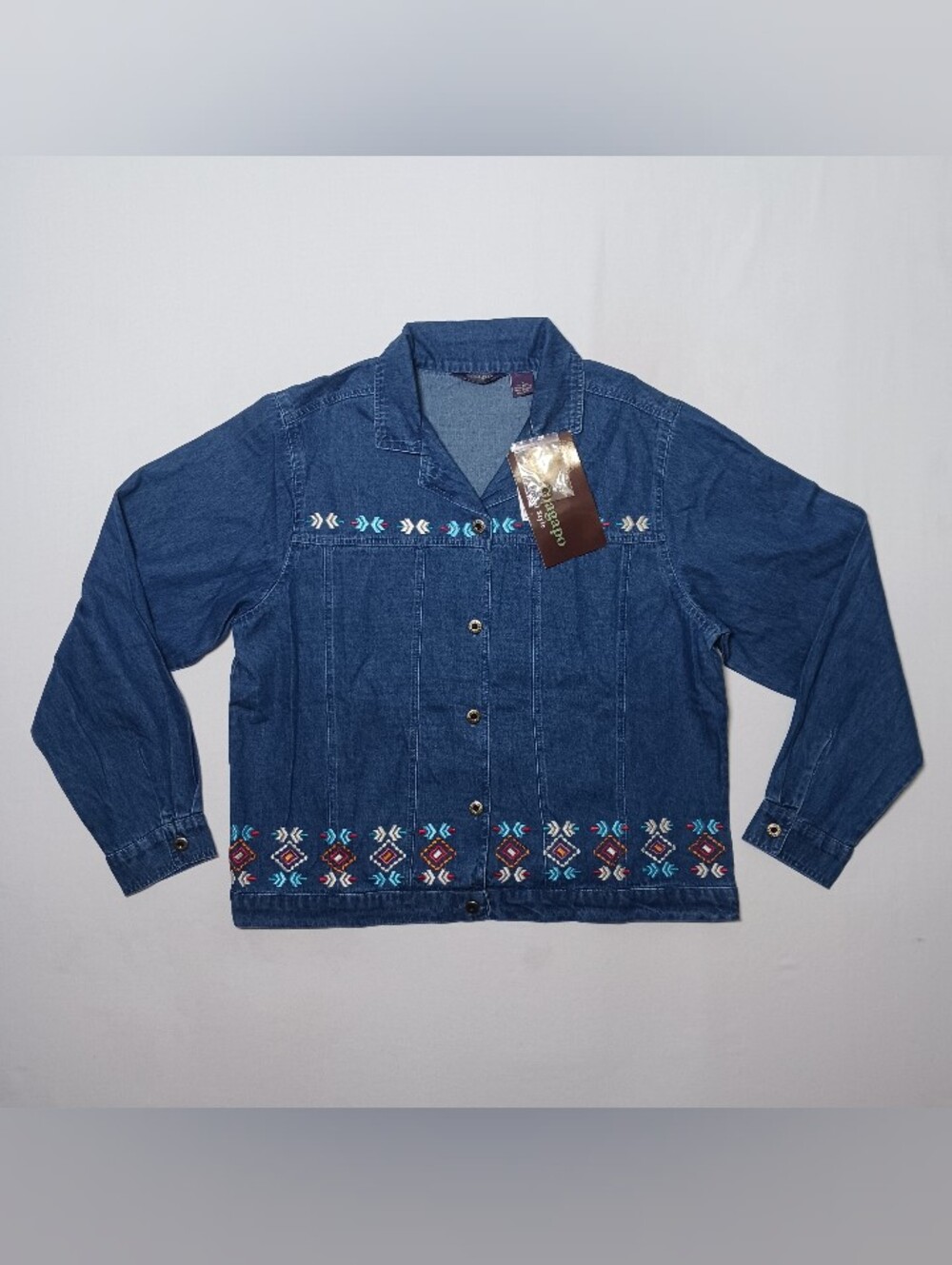 Vintage 80s Agapo Womens Embroidered Denim Shirt Large NWT Deadstock Dark Blue